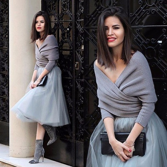 Knit crop wrap sweater gray off the shoulder - Picture 4 of 4